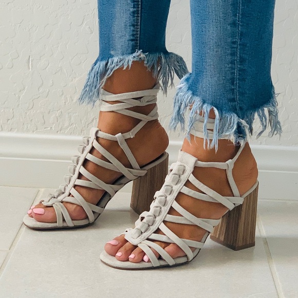 Gray Bone Chunky Heel Lace Up Gladiator Sandal - Picture 1 of 7